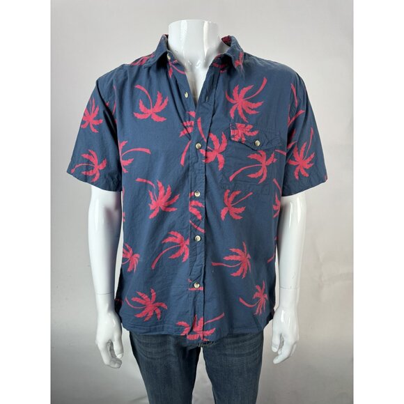 Paradise City Mens Large Hawaiian Shirt Blue & Red Palm Tree Print Short Sleeve - Picture 1 of 16